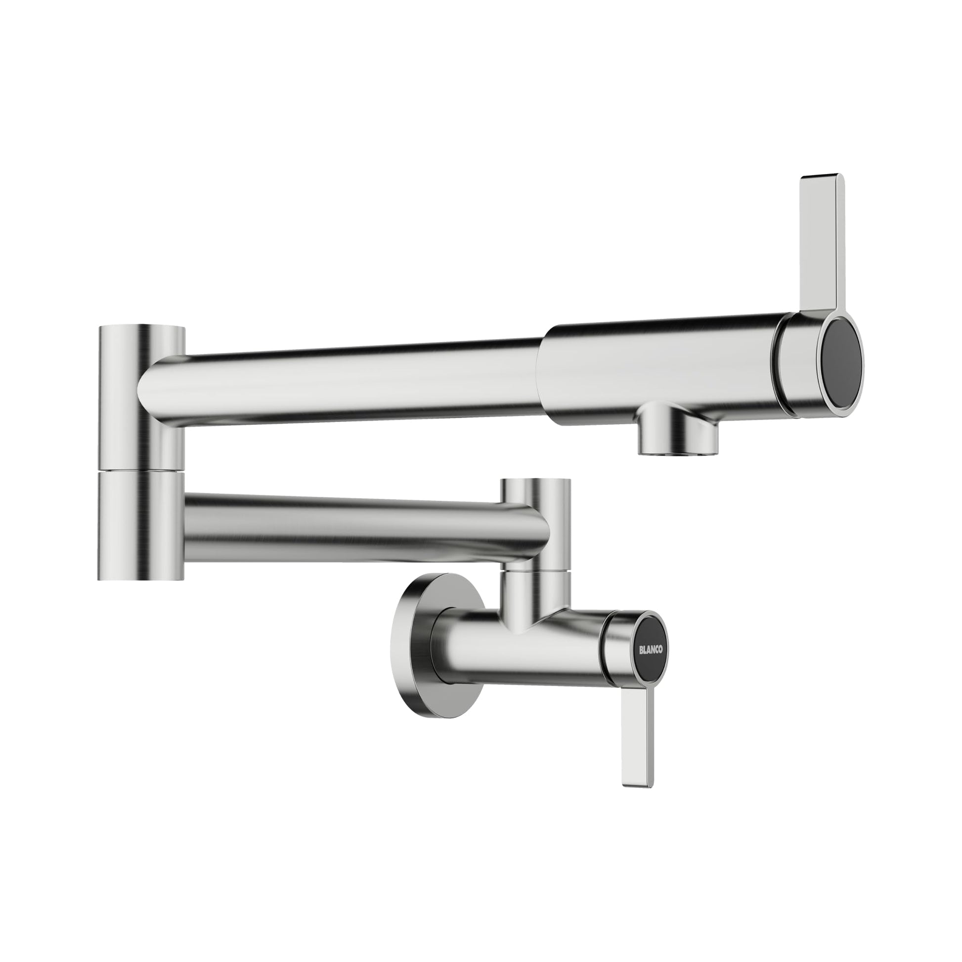 Stainless steel wall-mounted potfiller faucet with articulating arm and lever handle.