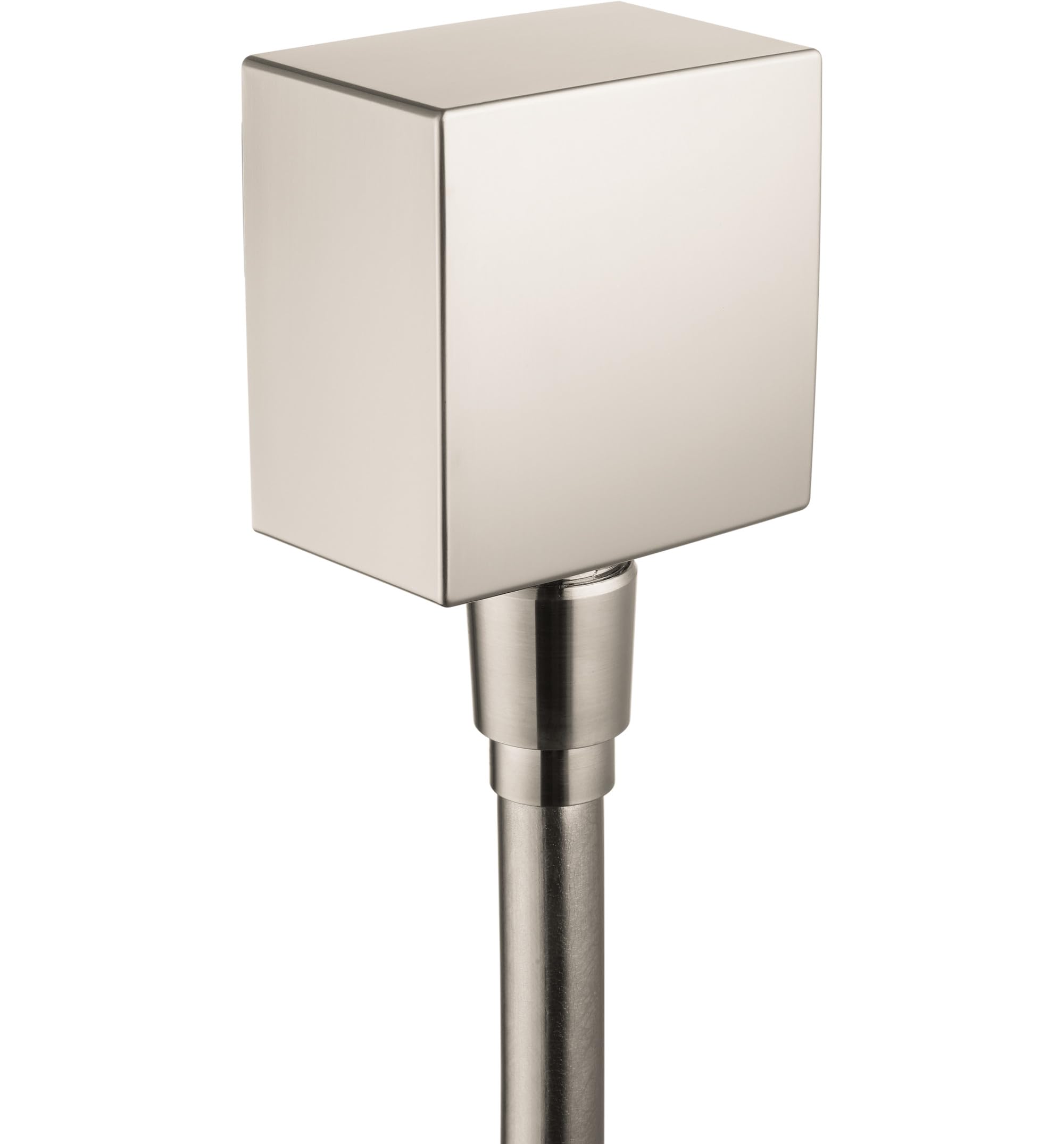 Square brushed nickel wall outlet with cylindrical pipe connection below.