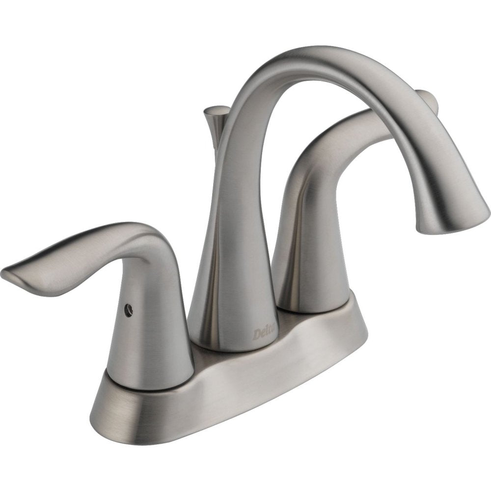 Brushed nickel two-handle bathroom faucet with curved spout and wide base platform.