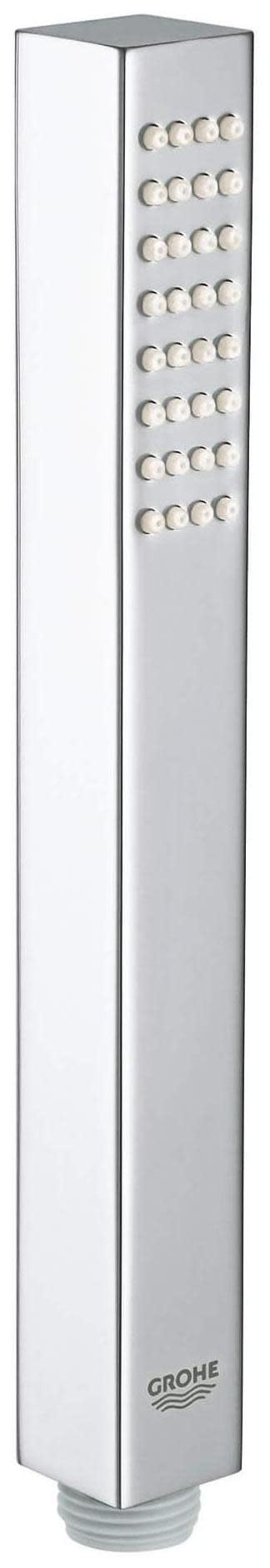 Tall rectangular chrome wall mount hand shower holder with multiple circular jets arranged in rows and connection fitting at 