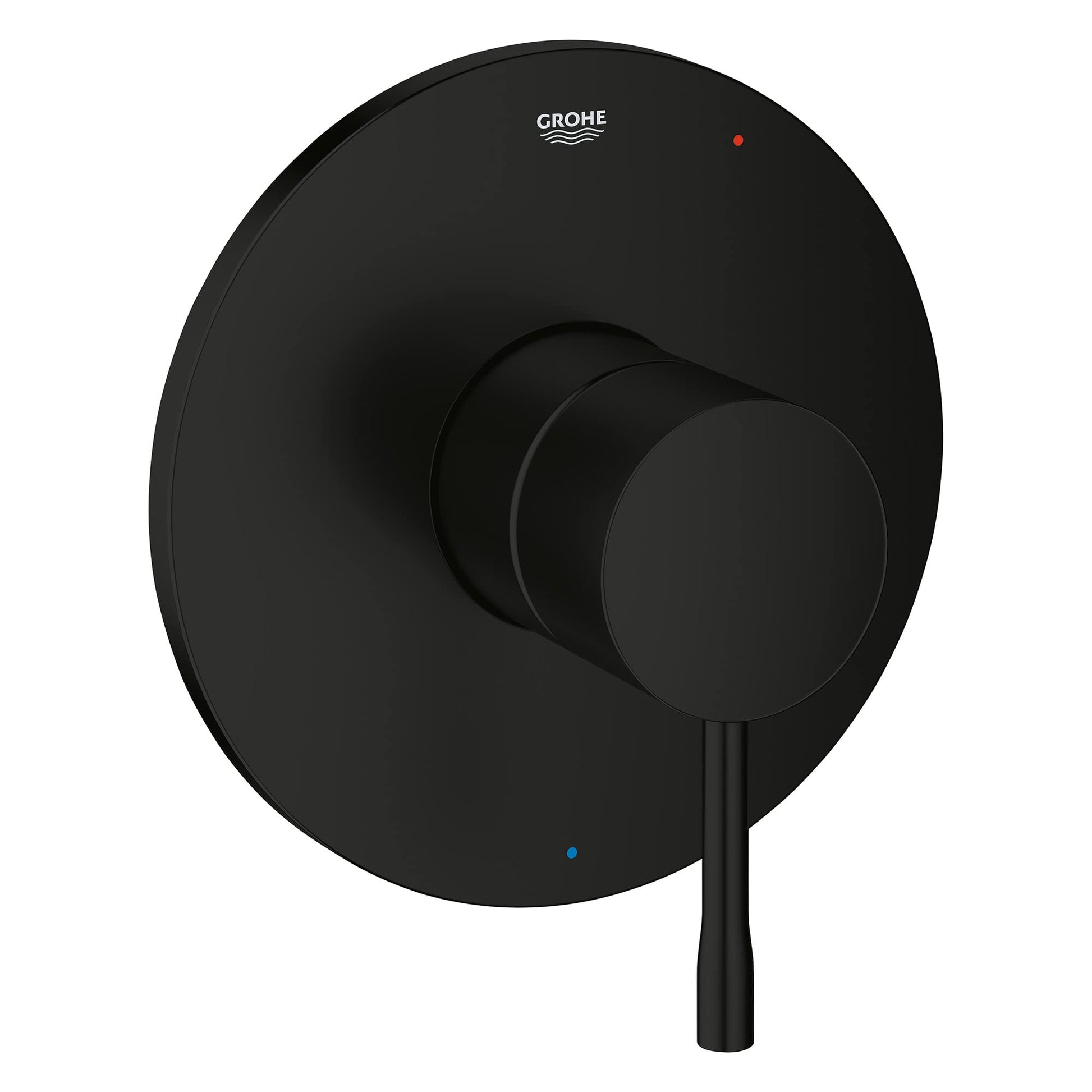 Matte black round valve trim with circular backplate, protruding knob handle, and Grohe logo with temperature indicator dots.