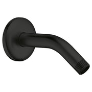 Matte black curved shower arm with circular wall flange and threaded outlet connection.