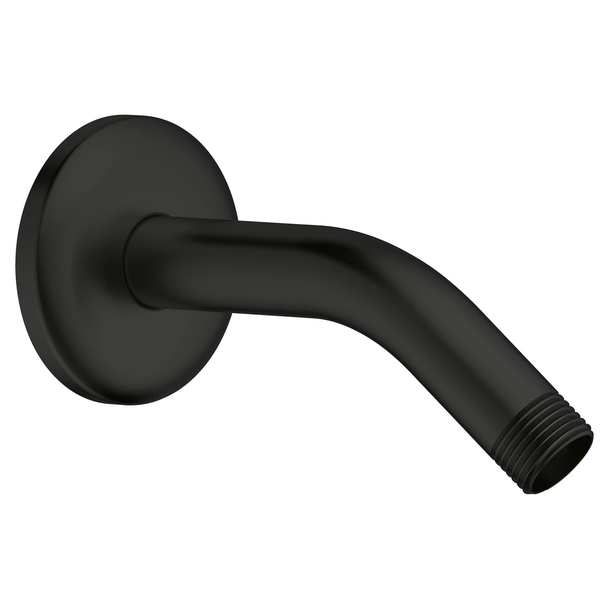 Matte black curved shower arm with circular wall flange and threaded outlet connection.