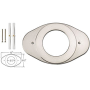 Stainless steel oval shower renovation cover plate with mounting screws and installation hardware shown.