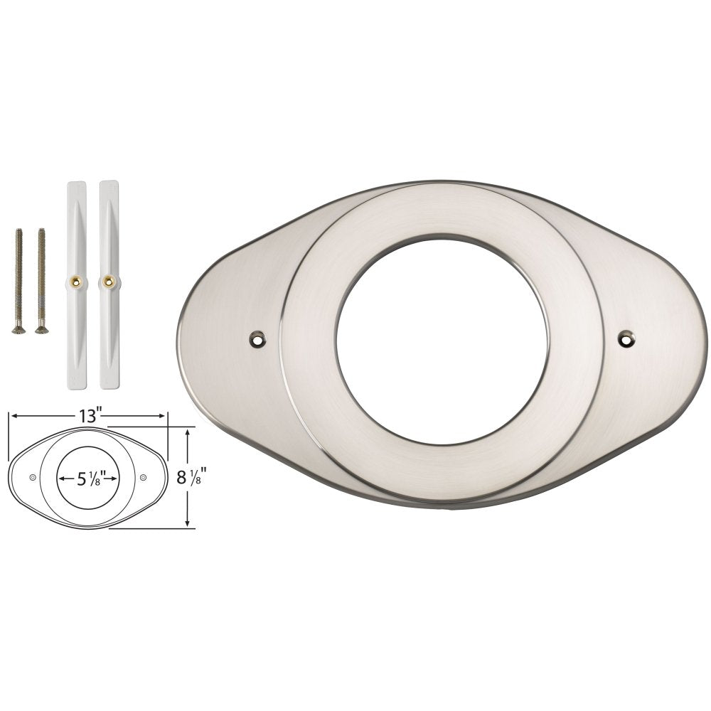 Stainless steel oval shower renovation cover plate with mounting screws and installation hardware shown.