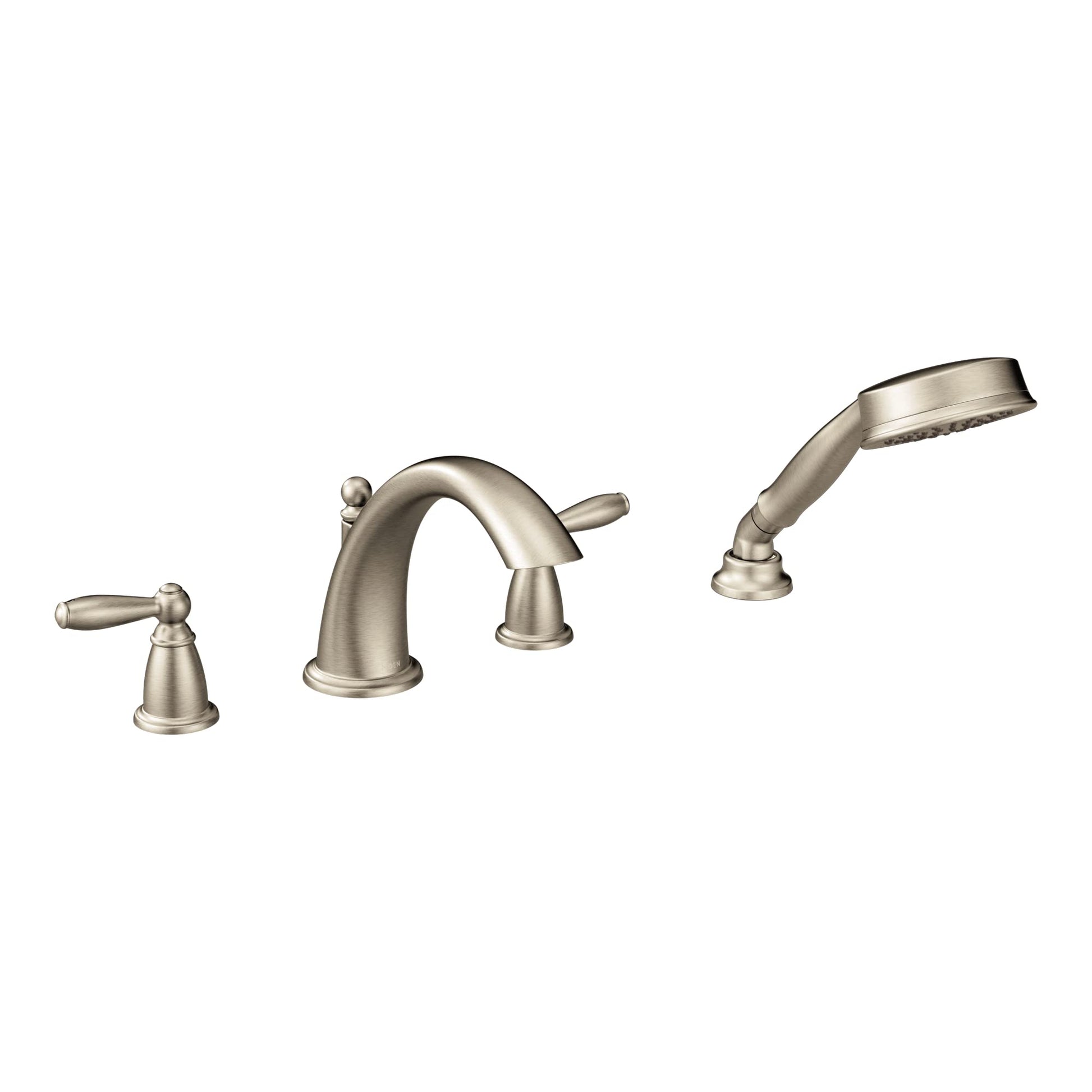 Brushed nickel two-handle deck mount roman tub faucet with curved spout and detachable handshower.