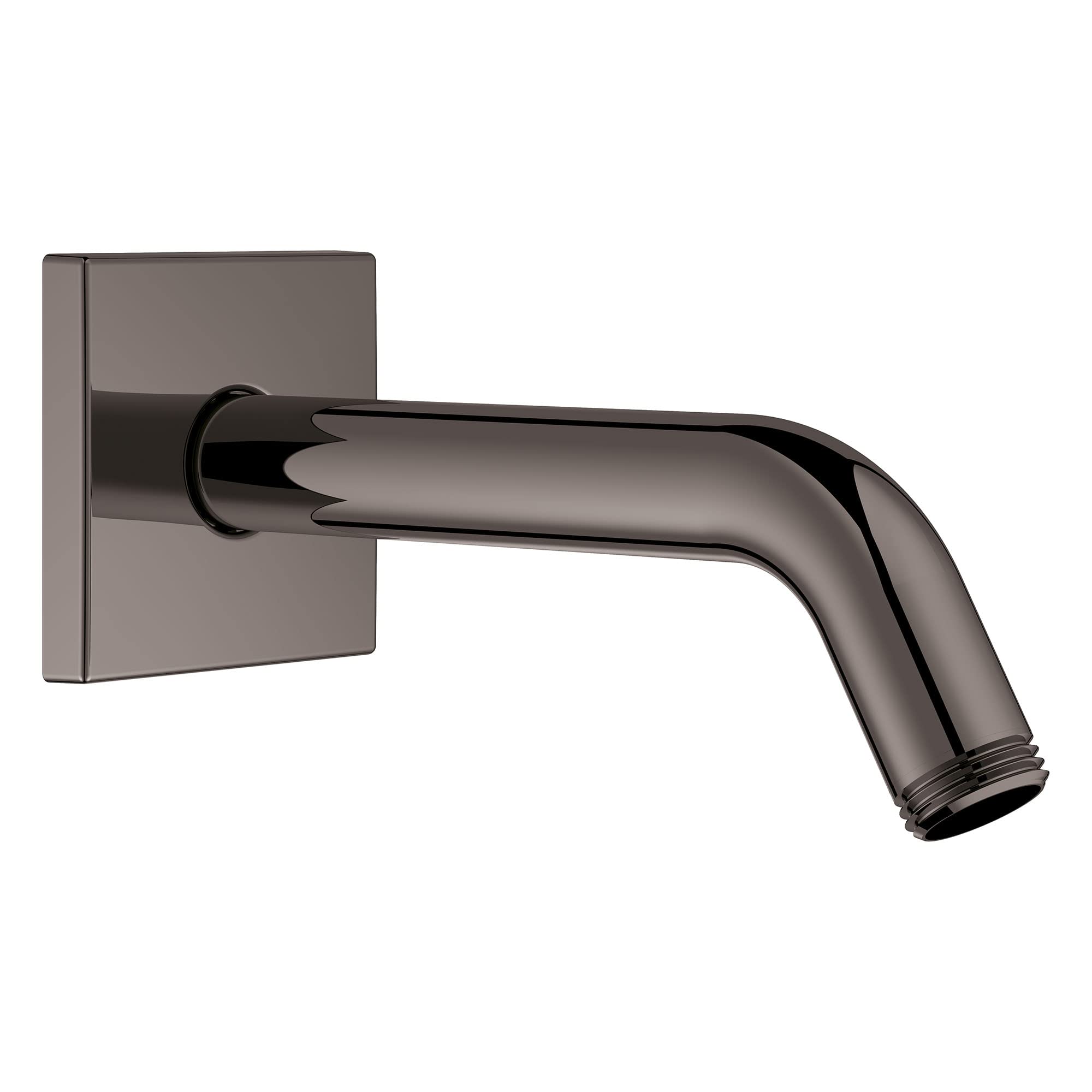 Dark gray shower arm with curved spout and square wall mount plate.