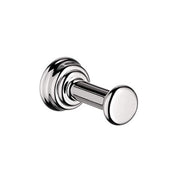 Chrome wall-mounted hook with round knob and decorative rosette backing.