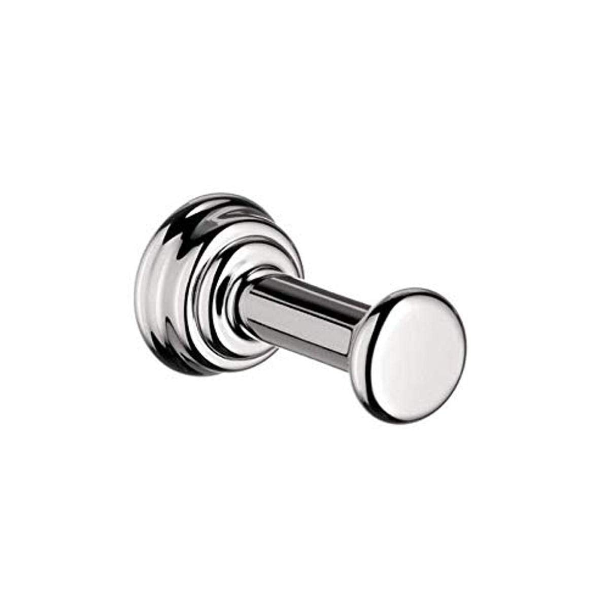 Chrome wall-mounted hook with round knob and decorative rosette backing.