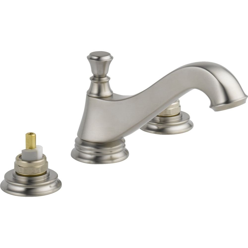 Brushed nickel two-handle bathroom faucet with low-arc spout, metal pop-up drain, and widespread mounting bases.