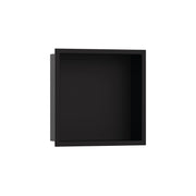 Matte black square wall niche with integrated frame and open storage cavity.