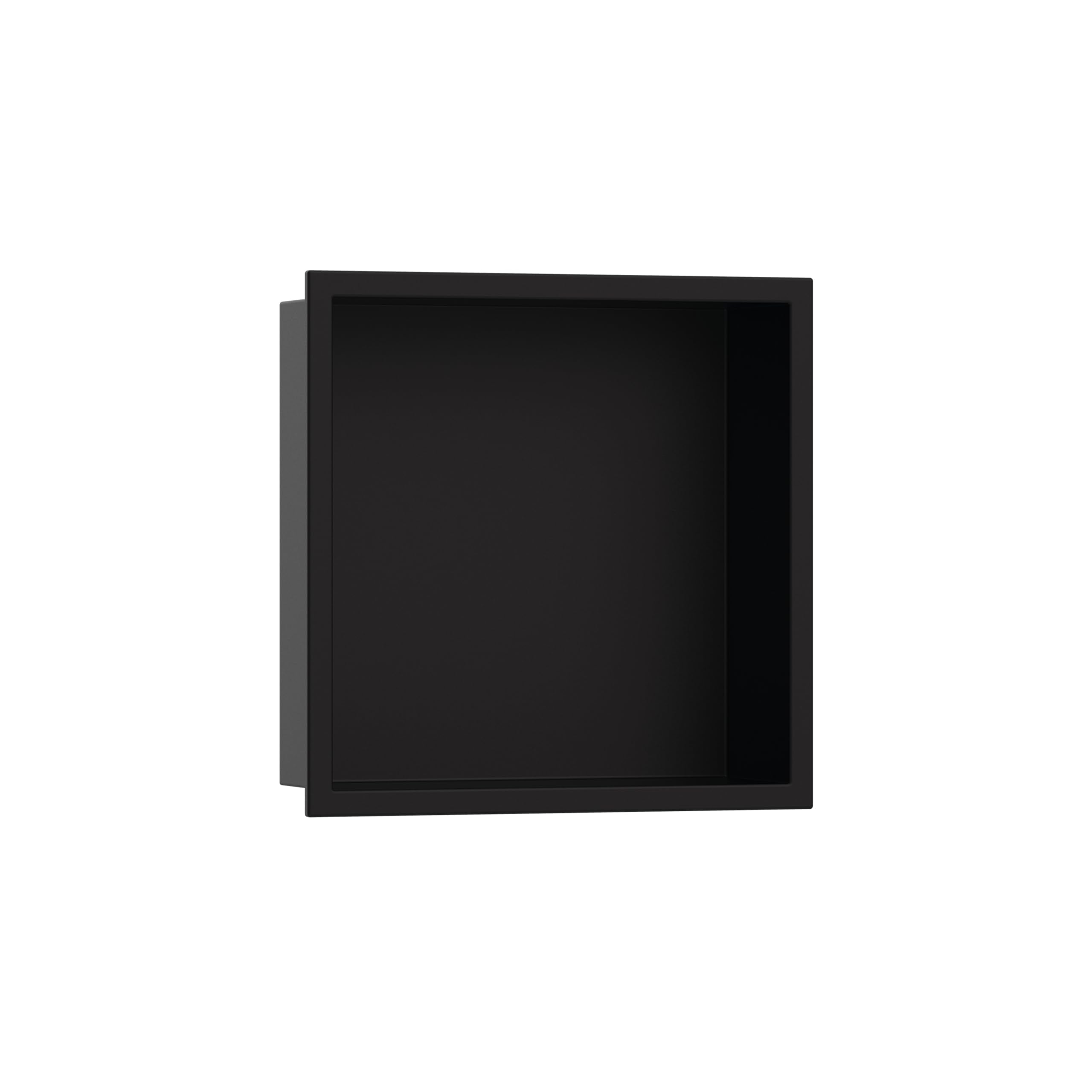 Matte black square wall niche with integrated frame and open storage cavity.