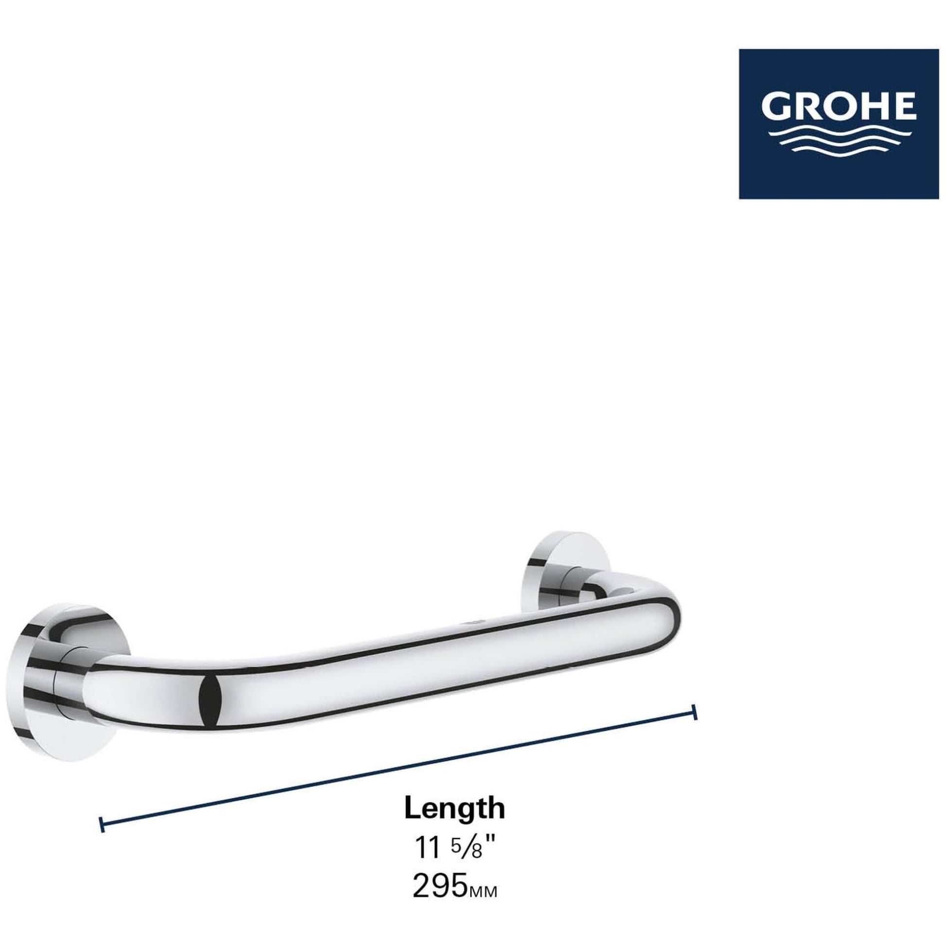 Matte black curved grab bar with chrome mounting flanges and measurement dimensions shown.