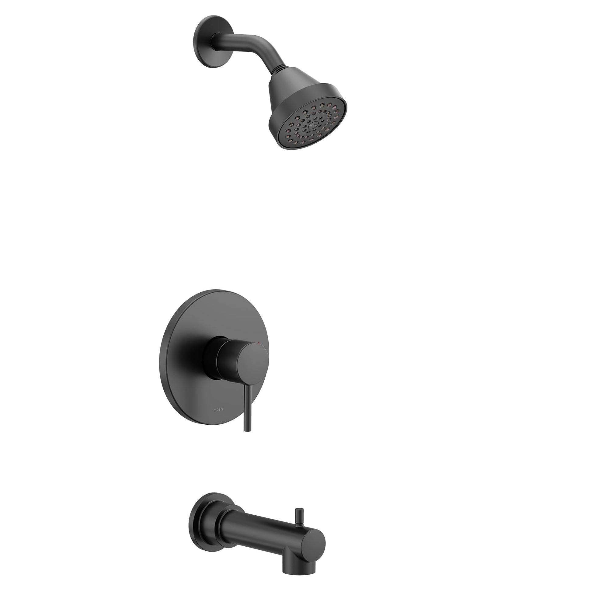 Matte black tub and shower trim kit with single handle valve, curved shower arm, showerhead, and tub spout.