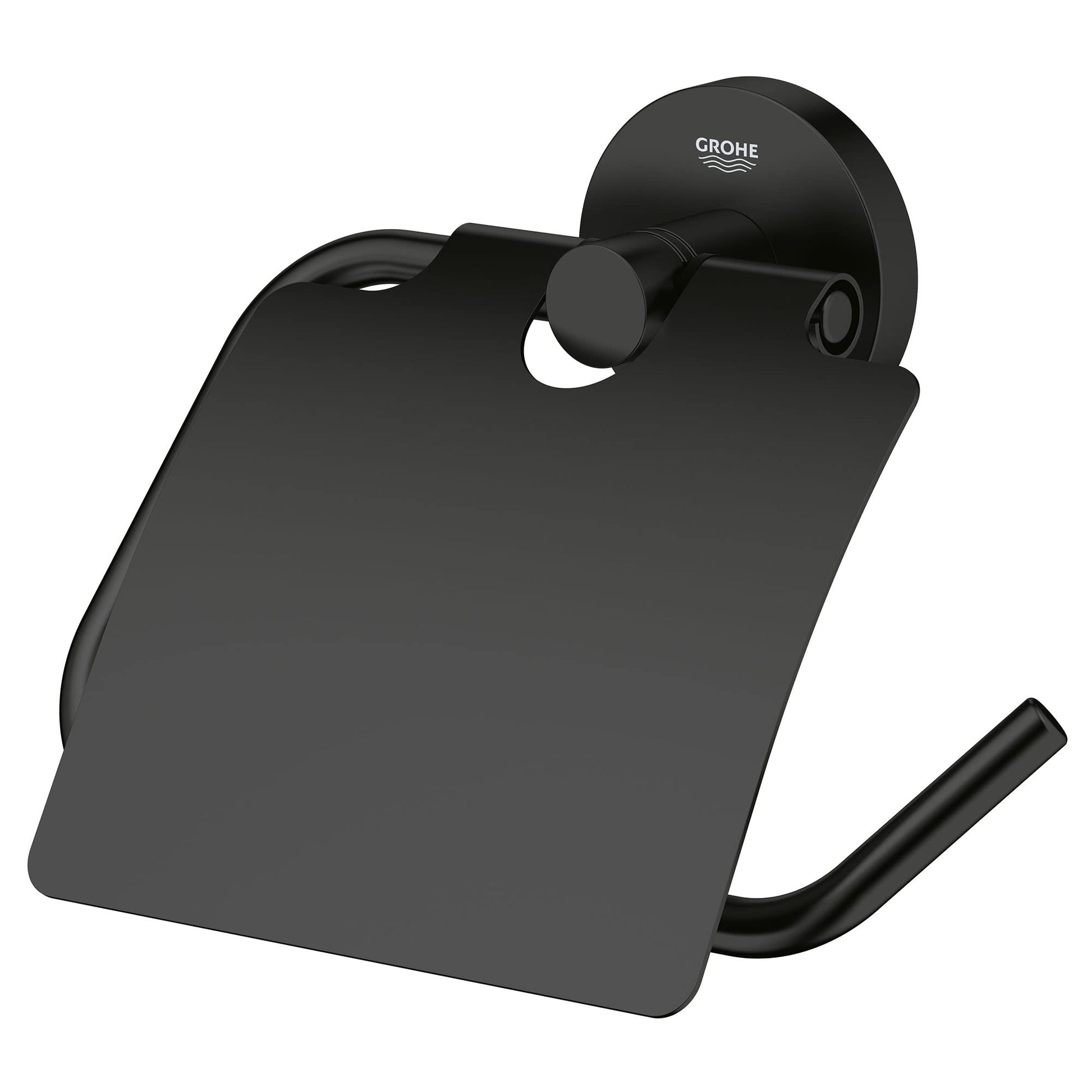 Matte black toilet paper holder with round wall mount and cylindrical roll rod.