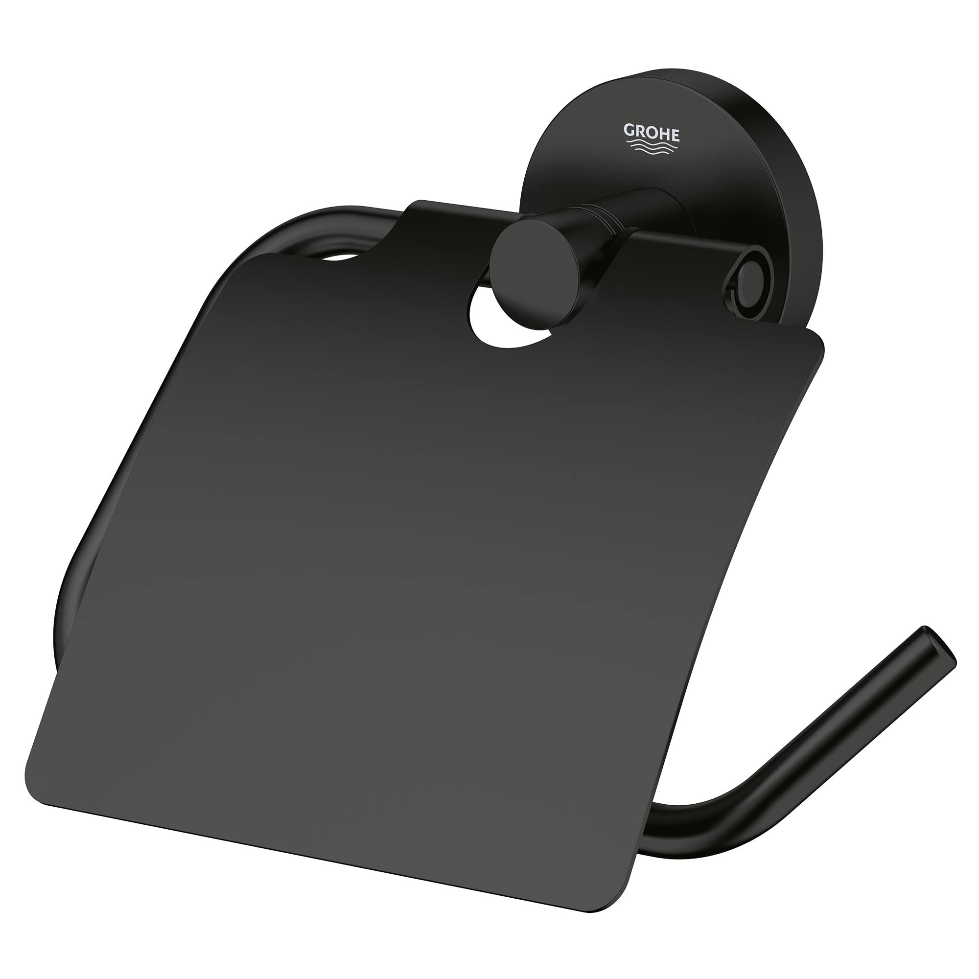 Matte black toilet paper holder with round wall mount and cylindrical roll rod.