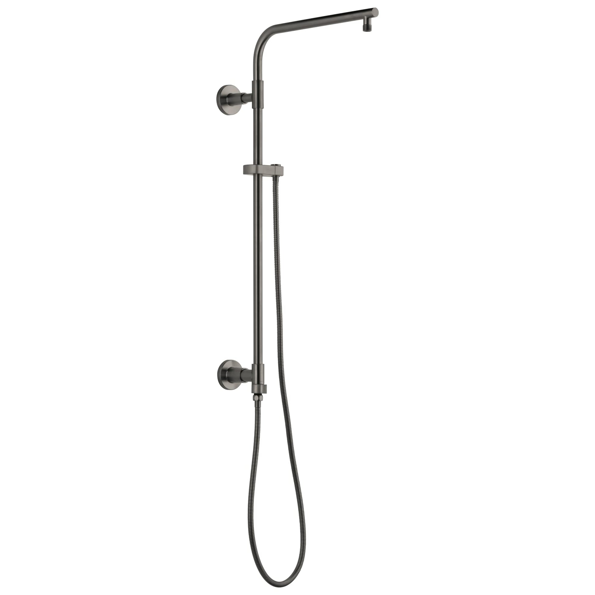 Gunmetal gray shower column with curved overhead arm, handheld showerhead, and vertical slide bar with hose attachment.