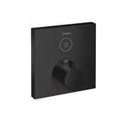 Matte black square thermostatic shower control with circular dial displaying temperature gauge and power button.