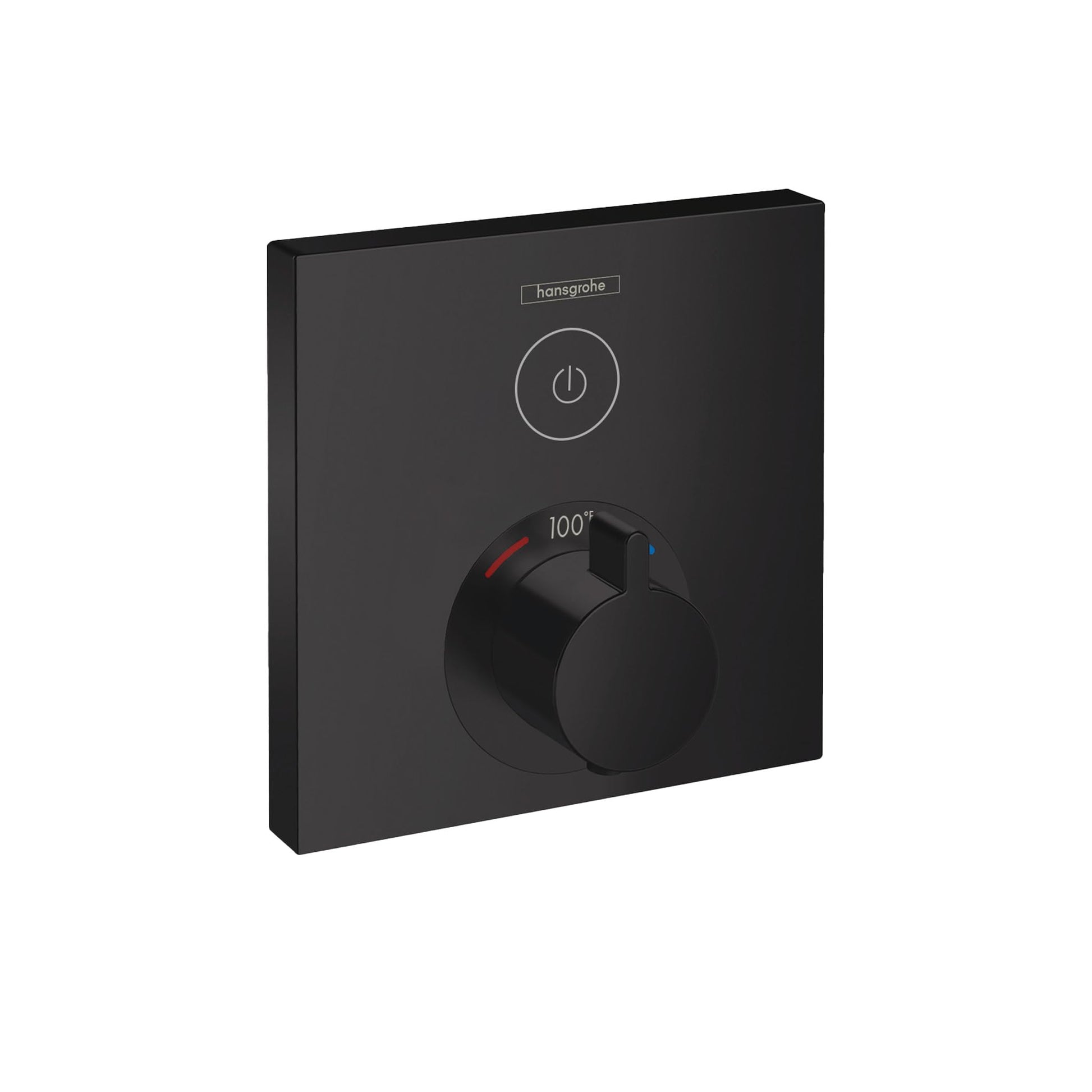 Matte black square thermostatic shower control with circular dial displaying temperature gauge and power button.