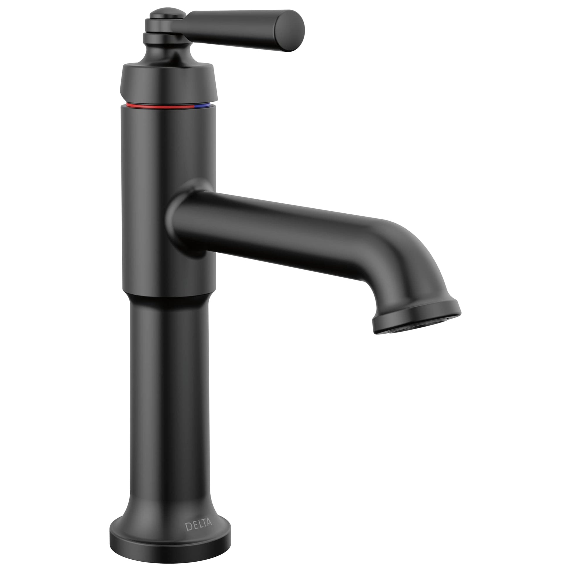 Matte black single-handle bathroom faucet with curved spout and lever handle extending upward from cylindrical base.