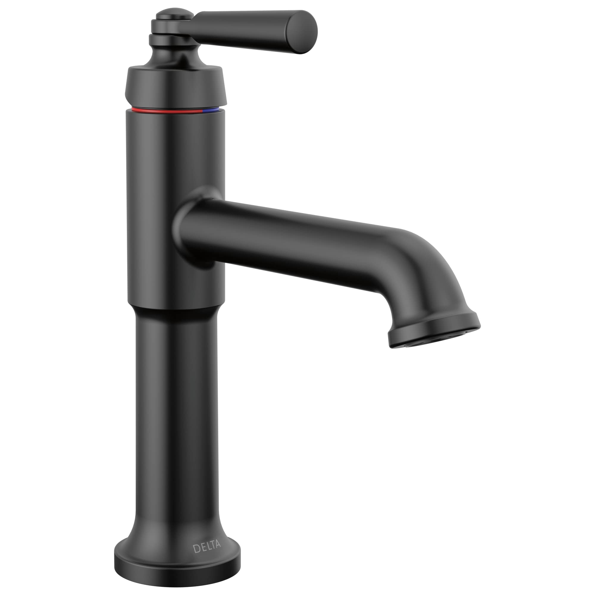 Matte black single-handle bathroom faucet with curved spout and lever handle extending upward from cylindrical base.
