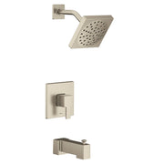 Brushed nickel tub and shower trim kit with square showerhead, single handle valve, and tub spout.