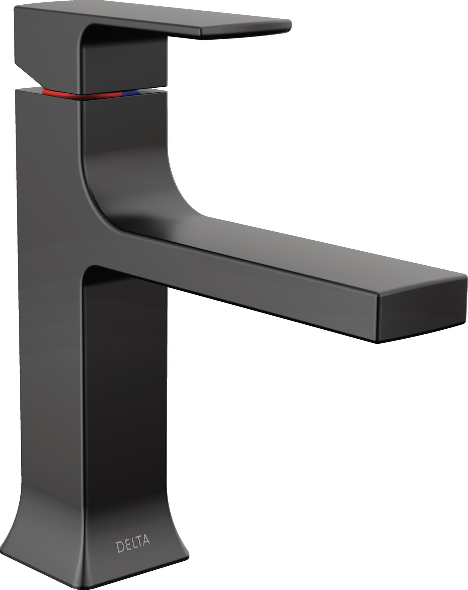 Matte black single-handle bathroom faucet with curved spout and rectangular base, red and blue indicator lines visible.