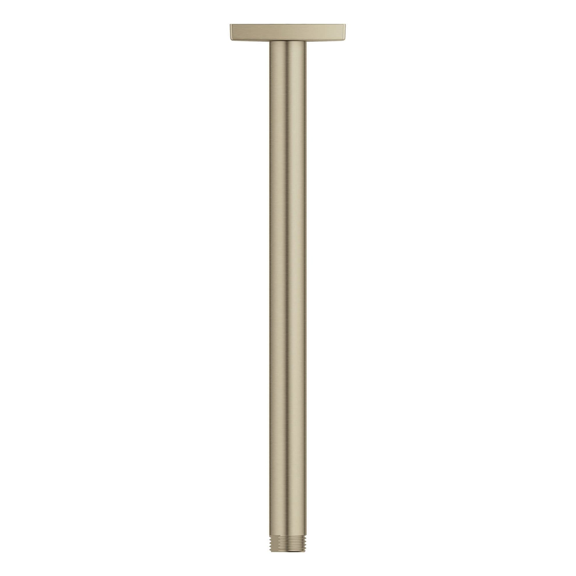Brushed nickel ceiling shower arm with square flange and threaded connection, 12 inches long.
