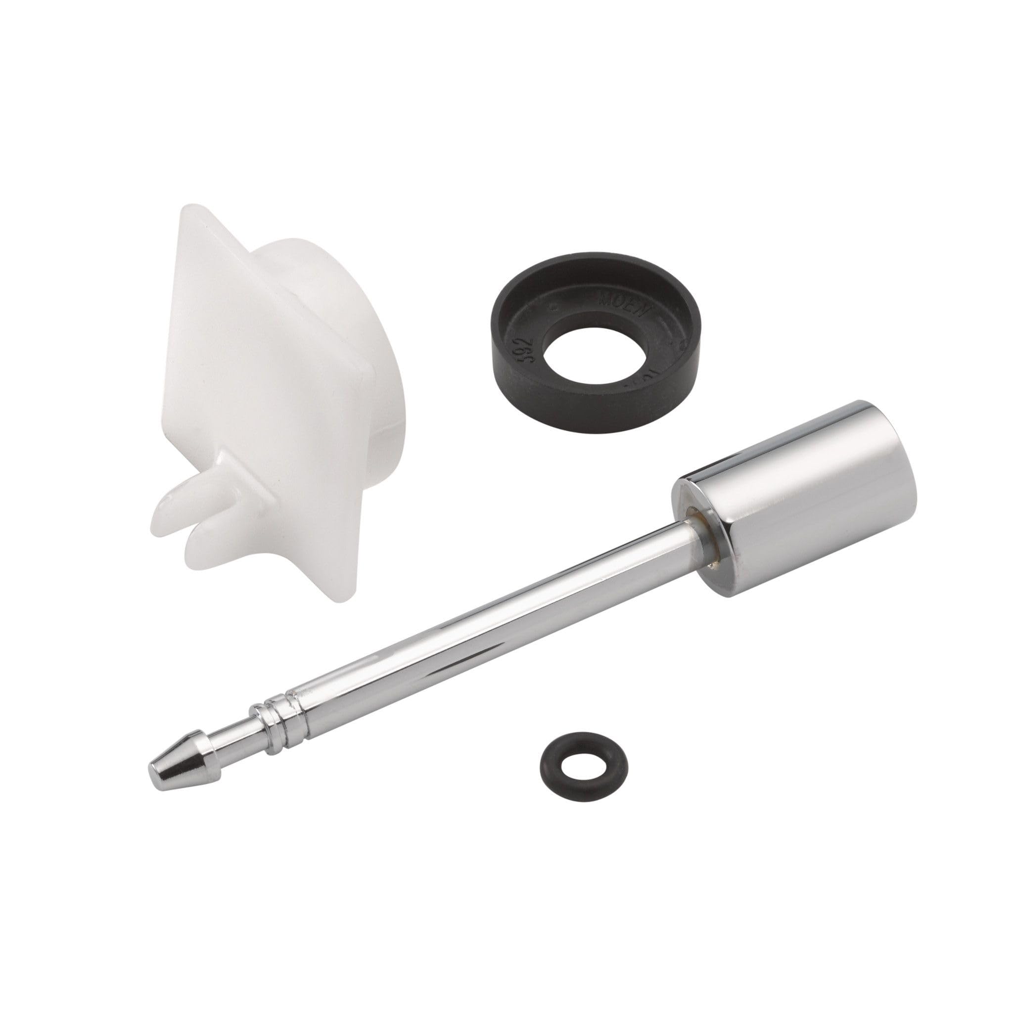 Moen tub spout gate kit components including white plastic valve, chrome stem, black rubber washers and ring.