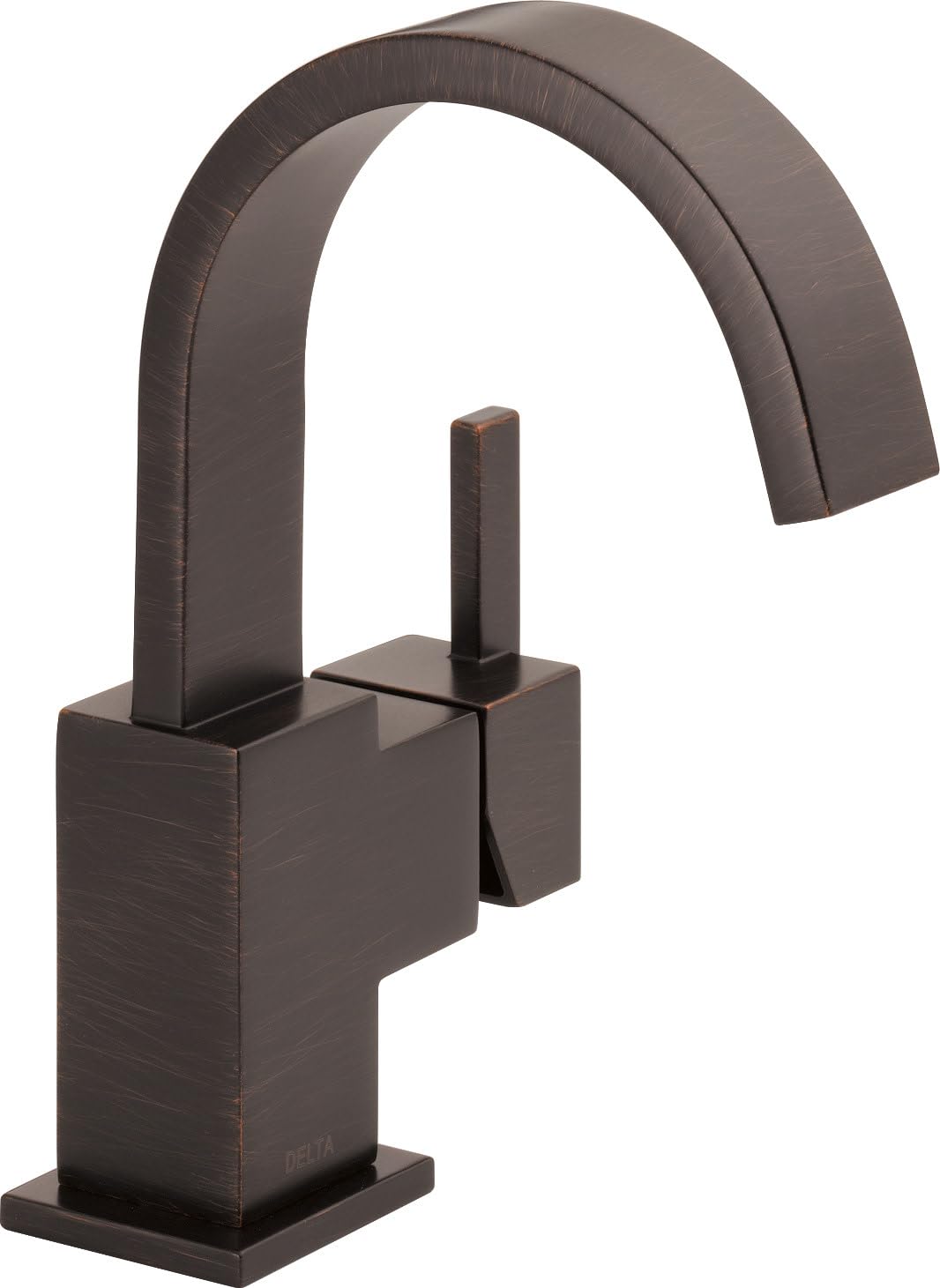 Brushed bronze single-handle bathroom faucet with curved spout and square base.