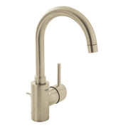 Brushed nickel single-handle bathroom faucet with curved spout and cylindrical body.
