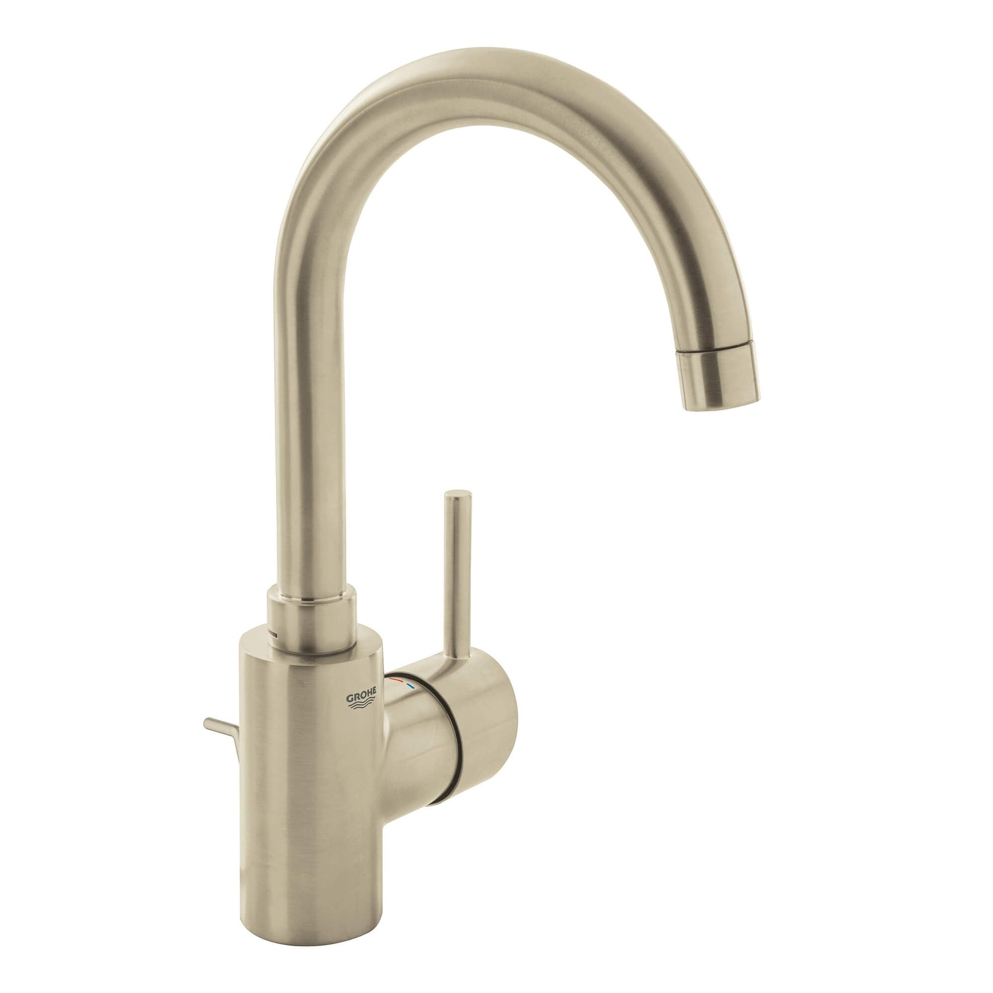 Brushed nickel single-handle bathroom faucet with curved spout and cylindrical body.