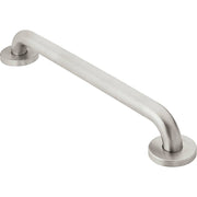 Stainless steel grab bar with curved handle and circular mounting flanges at each end.