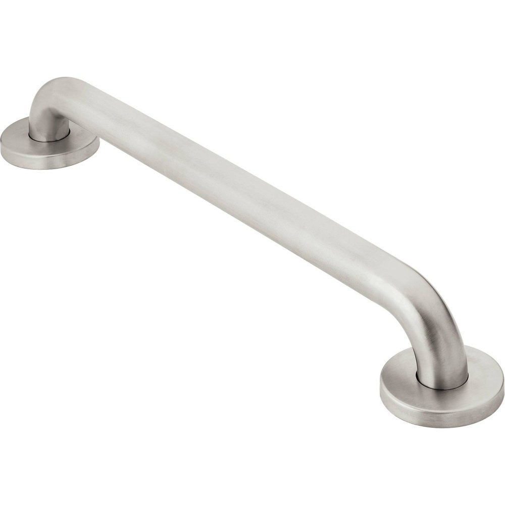 Stainless steel grab bar with curved handle and circular mounting flanges at each end.