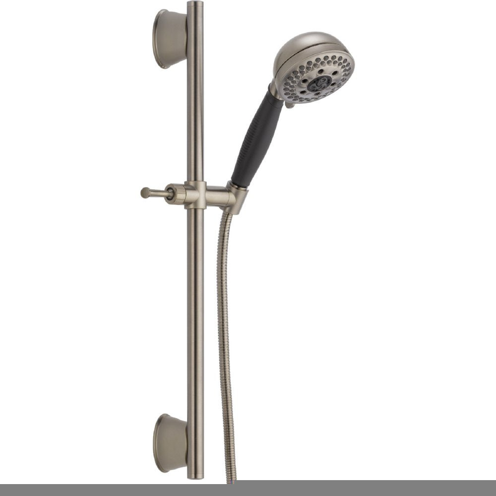Chrome slide bar shower system with perforated hand shower head, black grip, and wall-mounted bracket.