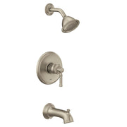 Brushed nickel tub and shower trim kit with single lever handle, showerhead, and tub spout.