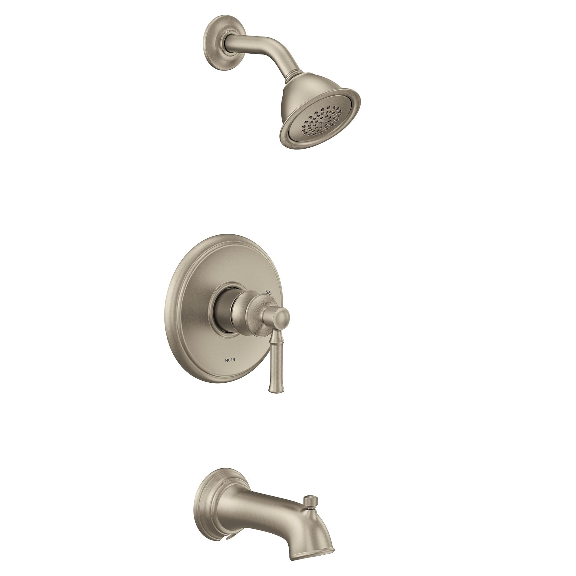 Brushed nickel tub and shower trim kit with single lever handle, showerhead, and tub spout.