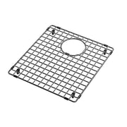 Stainless steel sink grid with square mesh pattern and circular drain opening, featuring four corner feet.