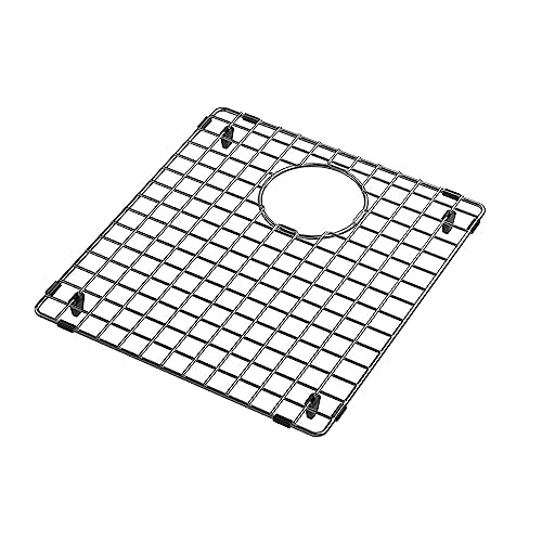 Stainless steel sink grid with square mesh pattern and circular drain opening, featuring four corner feet.