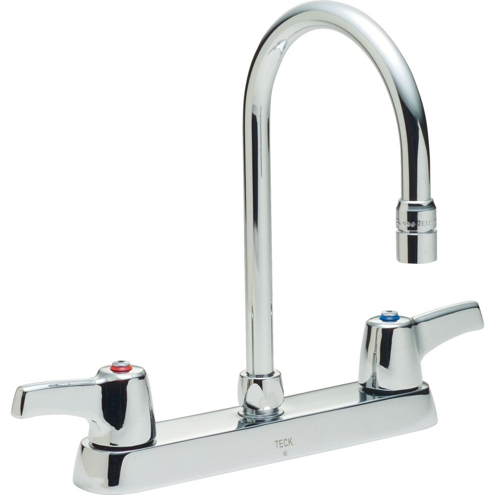 Chrome deck mount faucet with tall curved spout and two lever handles with color-coded buttons.