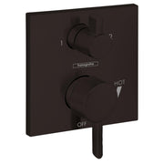 Matte black square shower trim with two cylindrical knobs, diverter lever, and hot/off temperature markings.
