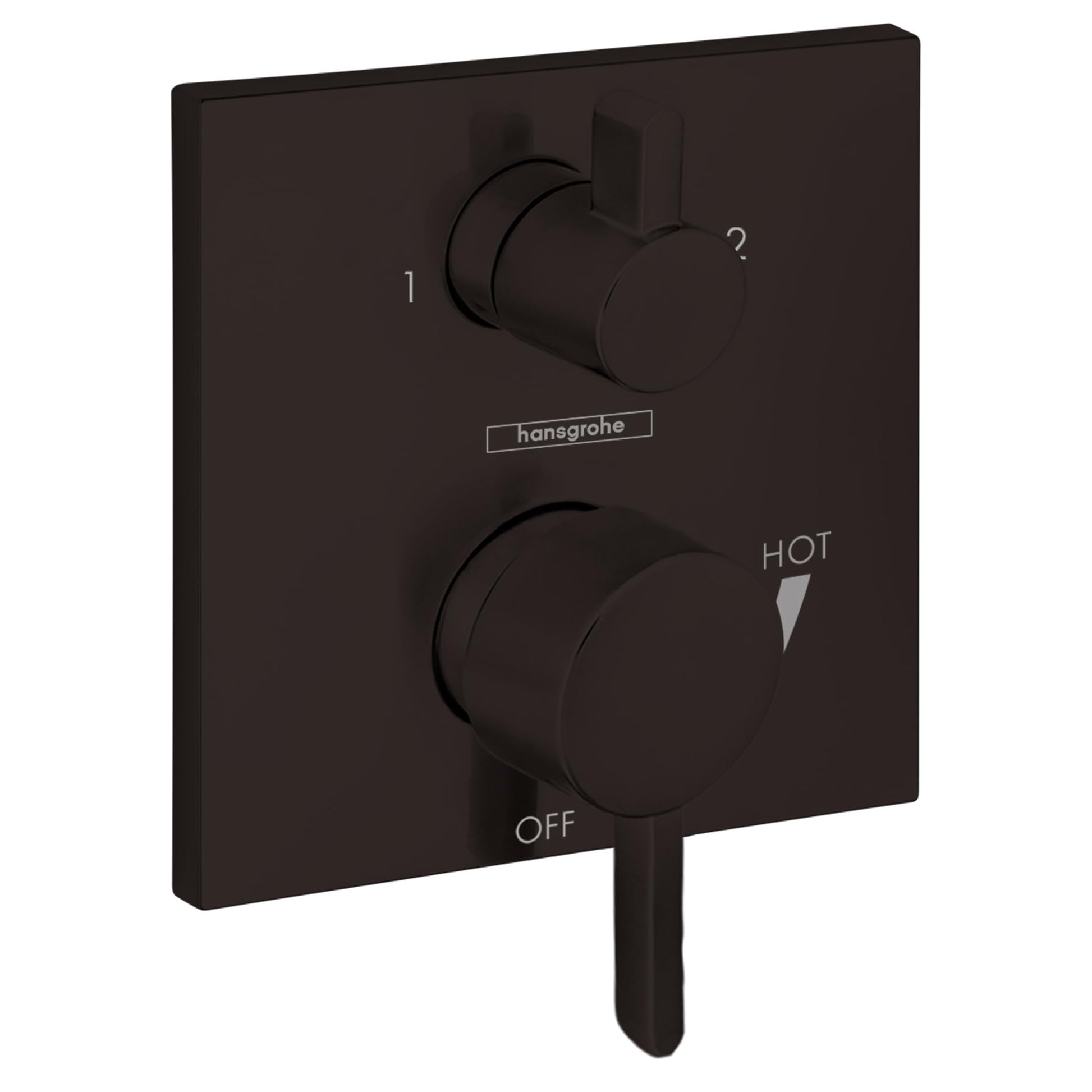 Matte black square shower trim with two cylindrical knobs, diverter lever, and hot/off temperature markings.