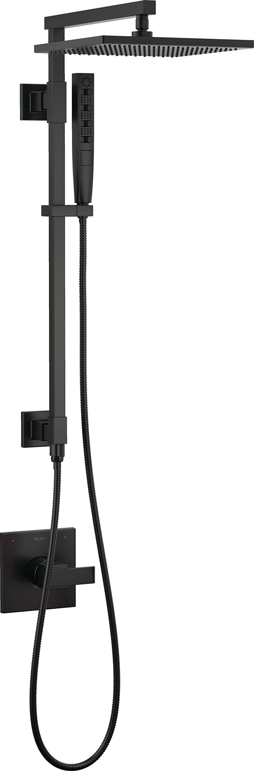 Black angular shower column with square rain showerhead, handheld spray, control valve, and wall-mounted brackets.