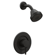 Matte black shower trim kit with round wall-mounted valve trim plate and matching showerhead with curved arm.