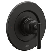 Matte black round shower valve trim with concentric circular escutcheon plate and cylindrical lever handle.