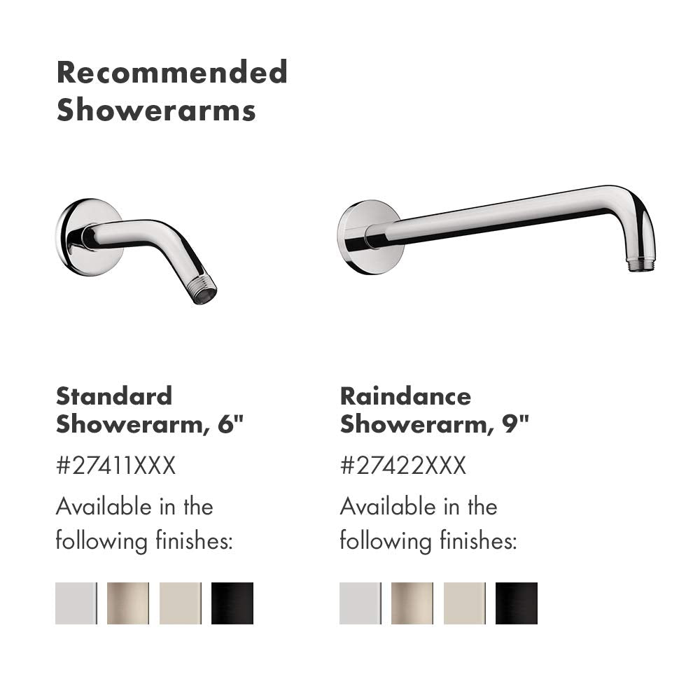 Two curved metal showerarms shown in chrome finish: a 6-inch standard arm and a 9-inch Raindance arm with available color opt