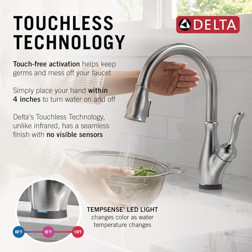 Arctic stainless steel kitchen faucet with curved spout, touchless sensor activation, and LED temperature-indicator light.