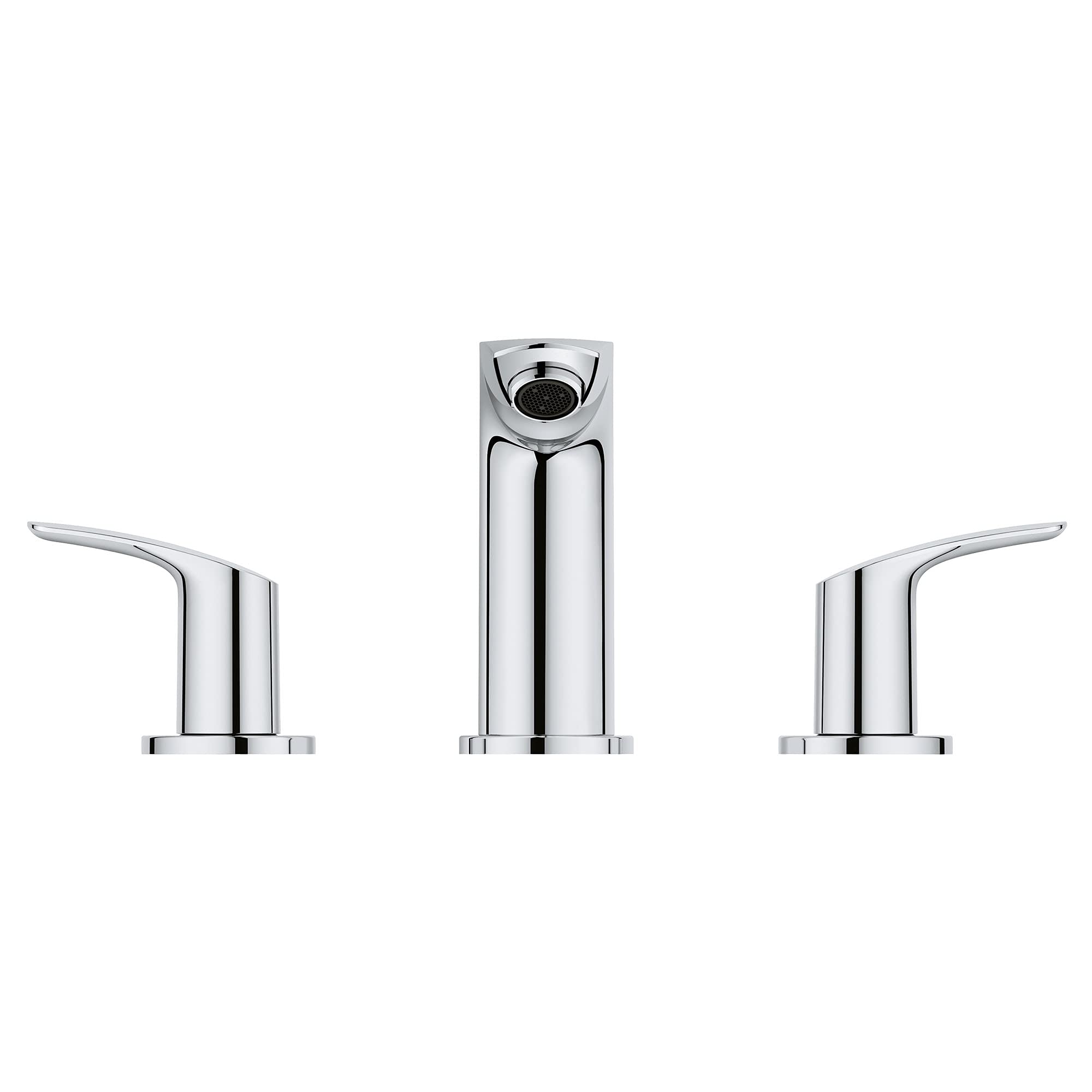 Chrome widespread bathroom faucet with tall central spout and two curved side handles.