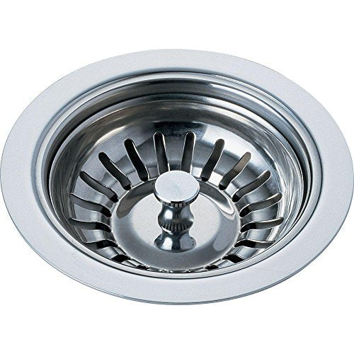 Stainless steel sink strainer with white rim and radial basket design for drain water filtration.