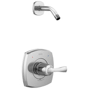 Chrome shower arm and valve trim with single lever handle and temperature indicator dots.